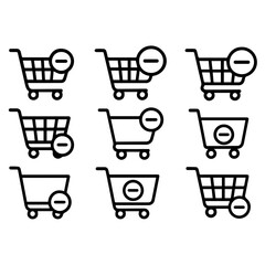 Shopping Cart Icons with Remove Symbol Streamlined Black Line Art.