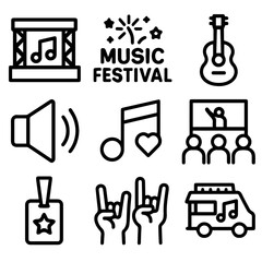 Simple Black Line Art Icons Representing a Music Festival.