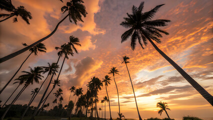 Palm trees silhouetted against a dramatic sunset sky with textured clouds