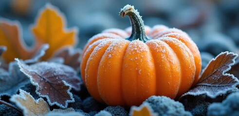 Frost covered pumpkin and autumn leaves in a cold morning