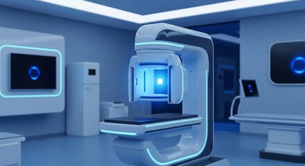 Futuristic medical scanner with glowing blue accents in a sterile, modern room