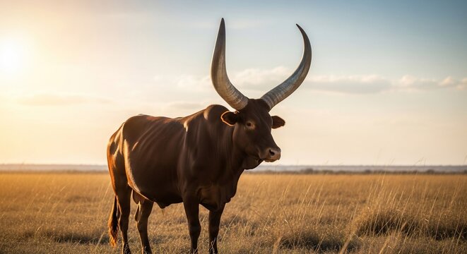 Ankole-Watusi cattle with impressive horns standing in a golden savanna field at sunset, showcasing its majestic presence.