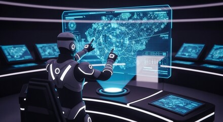 Futuristic Robot Analyzing Holographic Map in Control Room.