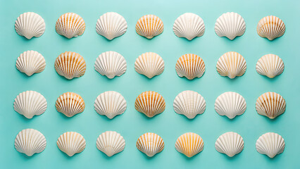 Pattern of Scallop Seashells on Teal Background scallop shells