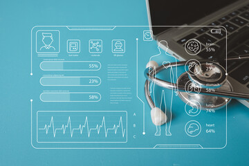 A futuristic Electronic Health Record (EHR) on a virtual interface over a doctor's laptop. A concept for digital health, patient data management, and modern hospital technology.