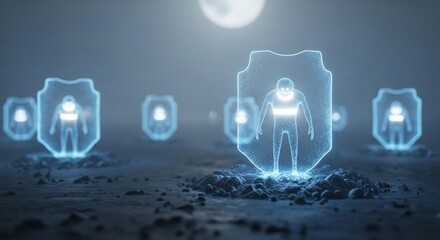Futuristic Security Shields Protecting Digital Identities in a Virtual Landscape.