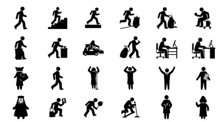 A collection of silhouette icons depicting various human activities and professions