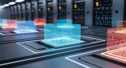Futuristic Server Room with Holographic Displays and Advanced Technology.