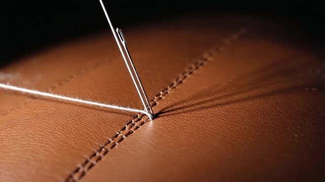 Close-up of a needle and thread piercing brown leather