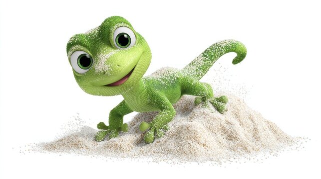 Cute green gecko on a sand dune