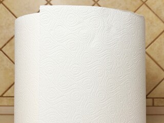 Roll of paper kitchen towel close up in modern kitchen. Household chores, hygiene, cleaning and daily use concept