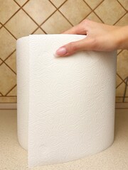 Female hand holding paper kitchen towel roll in kitchen close up. Household chores, cleaning and hygiene supplies concept