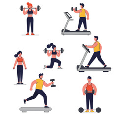 Fototapeta premium Flat 2D vector illustration of diverse people actively exercising in a modern gym, one lifting weights, another on a treadmill, and someone stretching with dynamic poses, on a clean white background.