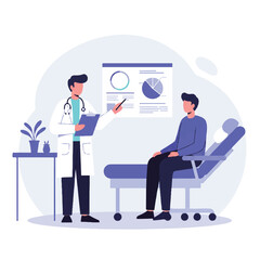 A flat 2D vector illustration portrays a doctor in a white coat consulting with an attentive patient in a bright examination room, pointing to an infographic on the wall.