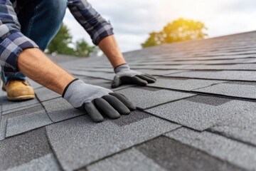 Close-up of a worker in gloves installing asphalt shingles on a roof under a bright sky with sunlight.