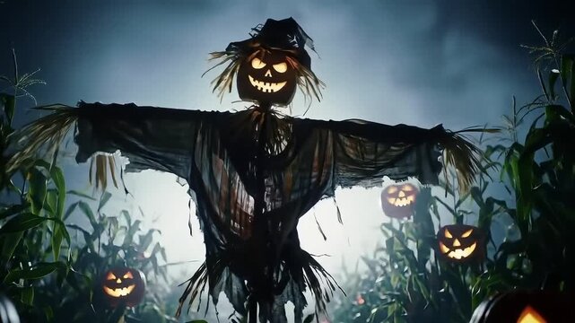 Creepy halloween scarecrow with glowing pumpkins in dark cornfield at night  
