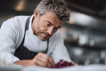 Focused chef meticulously plates a gourmet dish. Captures culinary artistry, skill,  dedication. Ideal for food blogs, restaurant promotions, and chef profiles.