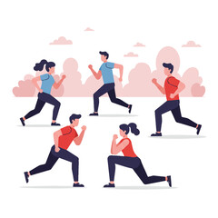 Vibrant flat 2D vector of diverse people exercising outdoors: jogging, stretching, lunges in activewear on a white background.