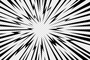 Obraz premium Manga thunder background presents anime comic line explosion in radial stroke style on transparent bg. Manga thunder vector template fits speed effect, abstract sunburst, or electric action frame.