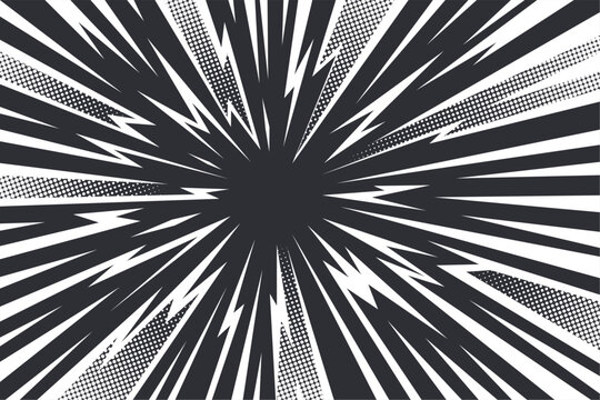 Manga thunder background shows anime comic line rays with radial texture in black and white. Manga thunder vector graphic works as lightning effect, action shock frame, or abstract burst design.