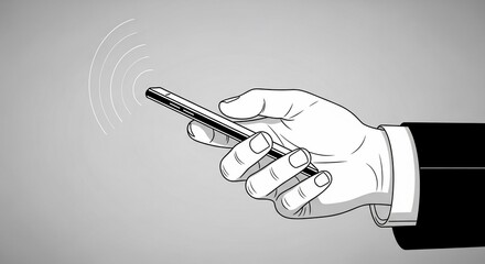 Hand Holding Smartphone with Signal Waves - Black and White Illustration.
