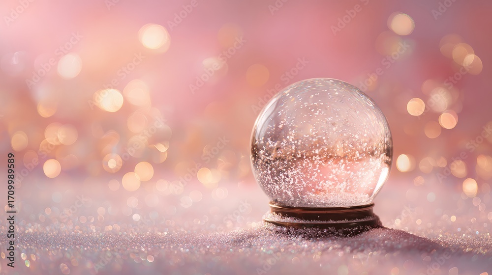 Wall mural blank empty snow globe with copy space surrounded by light flares and sparkling bokeh on soft pink b