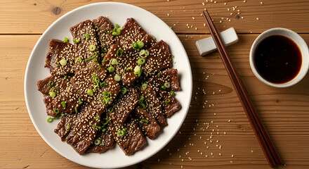 yakiniku grilled beef with sauce and chopsticks on wood table, 