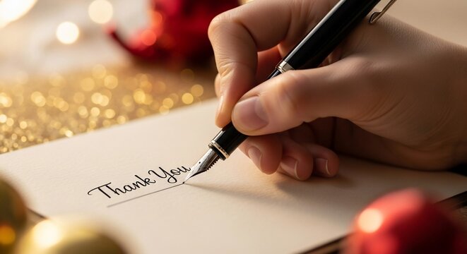 Handwritten Thank You Note with Festive Holiday Decorations.