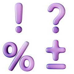 Purple sale symbol set Percent sign, question mark, exclamation point, plus and minus 3D