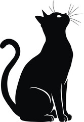 Curious Cat Silhouette Vector — Black and White Illustration of Sitting Feline Looking Up with Whiskers and Curled Tail