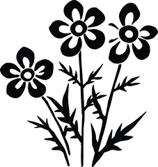 Stylized Floral Silhouette Vector — Black and White Illustration of Three Five-Petaled Flowers with Jagged Leaves and Cut-Out Details