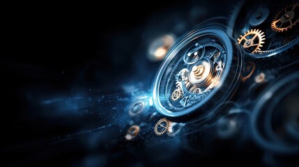 A dynamic close-up of intricate clockwork mechanisms surrounded by glowing digital elements, perfect for technology-themed projects, innovation presentations