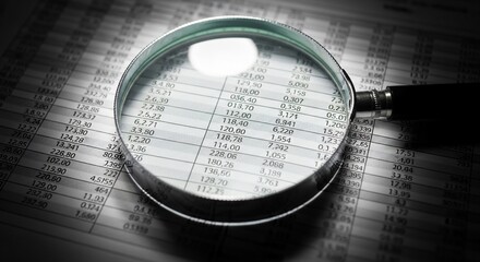 Magnifying Glass over Financial Data Sheet in Black and White.