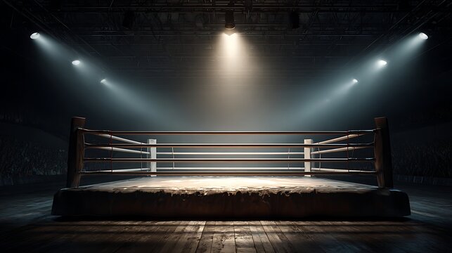 Awesome photo of boxing ring with spotlights illuminating the center stage, empty arena. - Powered by Adobe