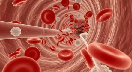 Microscopic View of Red and White Blood Cells Flowing Through a Blood Vessel