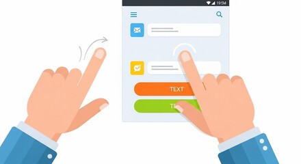 Mobile App Interface with Hands Interacting, Swiping and Tapping on Buttons