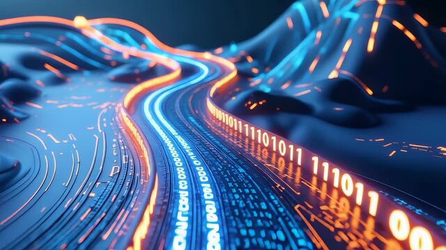 Digital highway with glowing neon streams of binary code flowing across abstract terrain, concept of data transfer and high speed network
