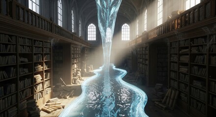 Mystical Library with Ethereal Light and Ancient Books.