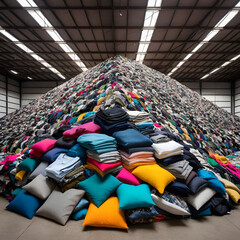 Fototapeta premium A large pile of discarded clothes in various colors and fabrics sits in a warehouse, symbolizing textile waste and fast fashion overproduction