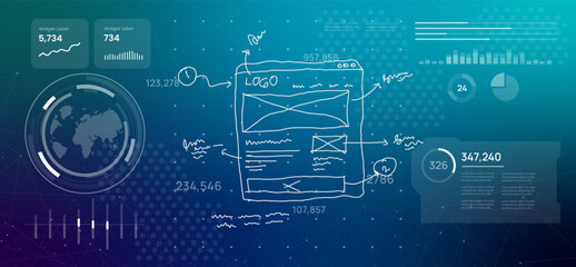 Hand drawn website wireframe and notes illustration represents process of web design UI UX development prototyping and creating digital solutions from initial concepts futuristic tech background