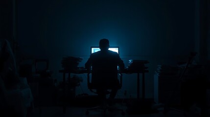 A Person's Silhouette in a Dark Room Lit by a Bright Screen