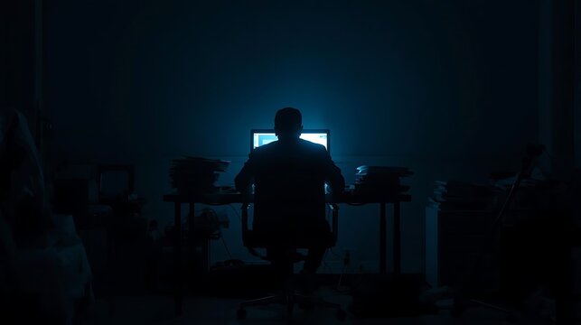 A Person's Silhouette in a Dark Room Lit by a Bright Screen
