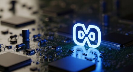 Neon Devops Logo on Circuit Board - Technology and Software Development.