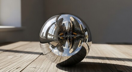 New York City street scene reflected in a chrome sphere on a wooden surface