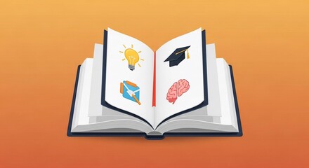 Open book displaying education icons: lightbulb, graduation cap, email, and brain