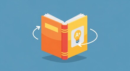 Open Book with Lightbulb Idea Illustration on Blue Background.