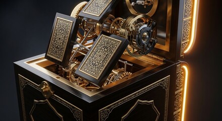 Ornate Mechanical Box with Intricate Gears and Book-Like Components.