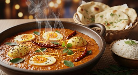 Steaming Indian egg curry served in a rustic bowl with naan bread and rice on a wooden table.