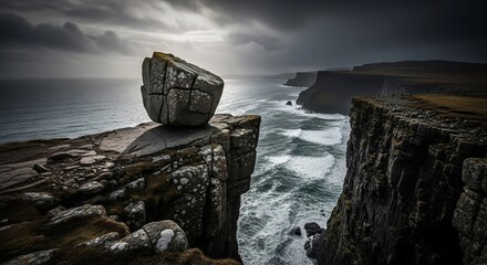 Precariously Balanced Rock on Coastal Cliff Edge Under Dramatic Sky