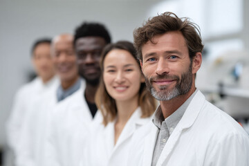 Fototapeta premium Diverse medical professionals wearing lab coats stand in a row, smiling confidently. Teamwork, expertise, and cuttingedge research concept. Perfect for healthcare or science.